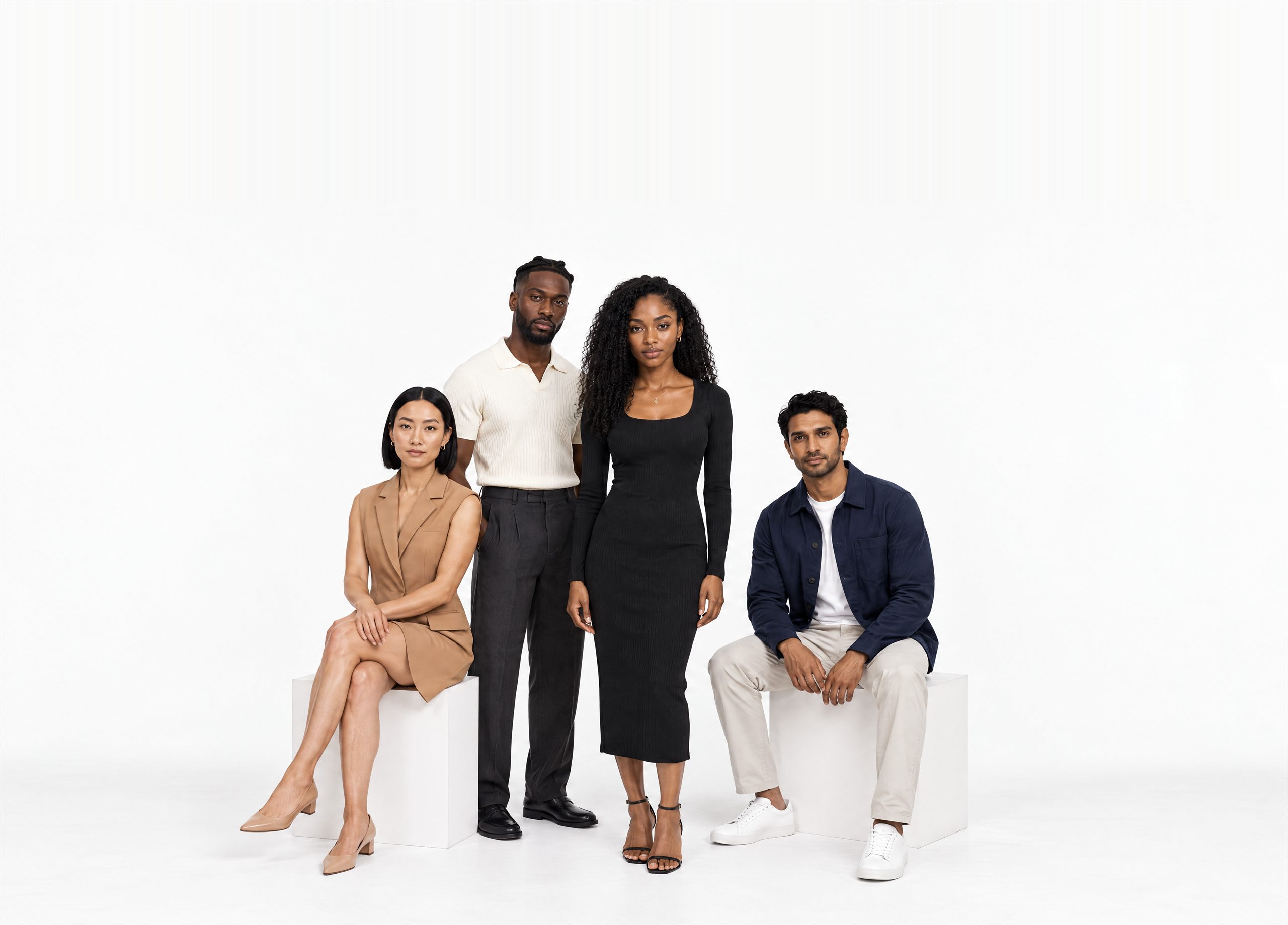 AI-generated editorial group portrait in a white photography studio: Designlyr's character Sarah stands at the centre in a black ribbed dress beside a man in a cream polo, with two more AI models seated on white plinths either side