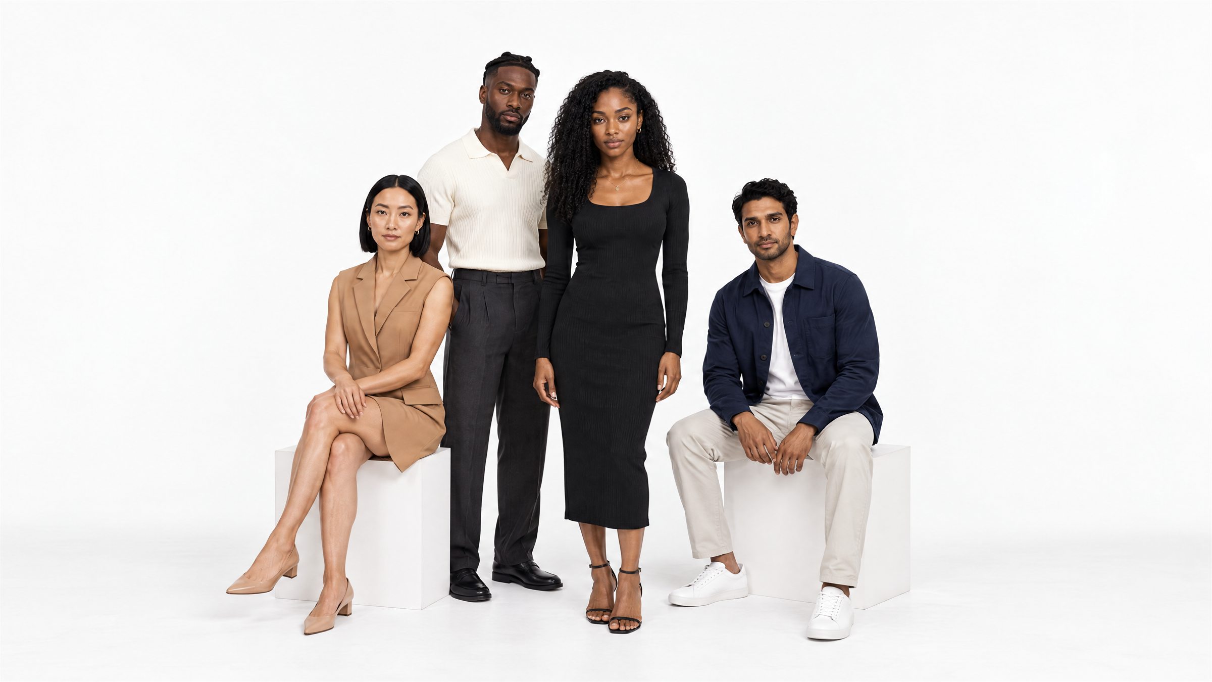 AI-generated group portrait: Sarah at the centre in a black dress with three AI models in a white studio