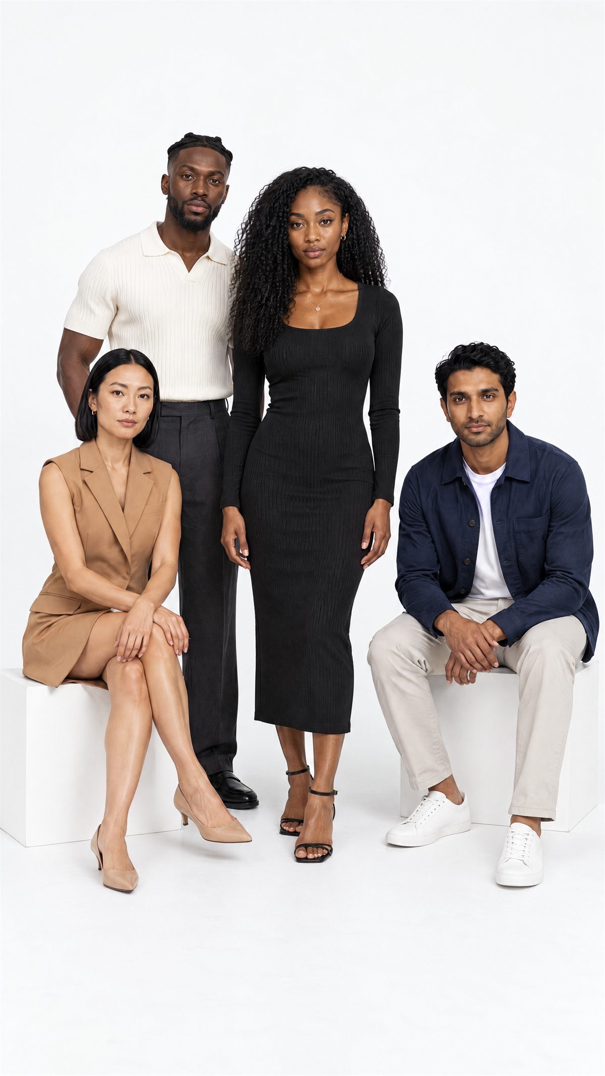AI-generated group portrait: Sarah standing at the centre with three AI models in a white studio